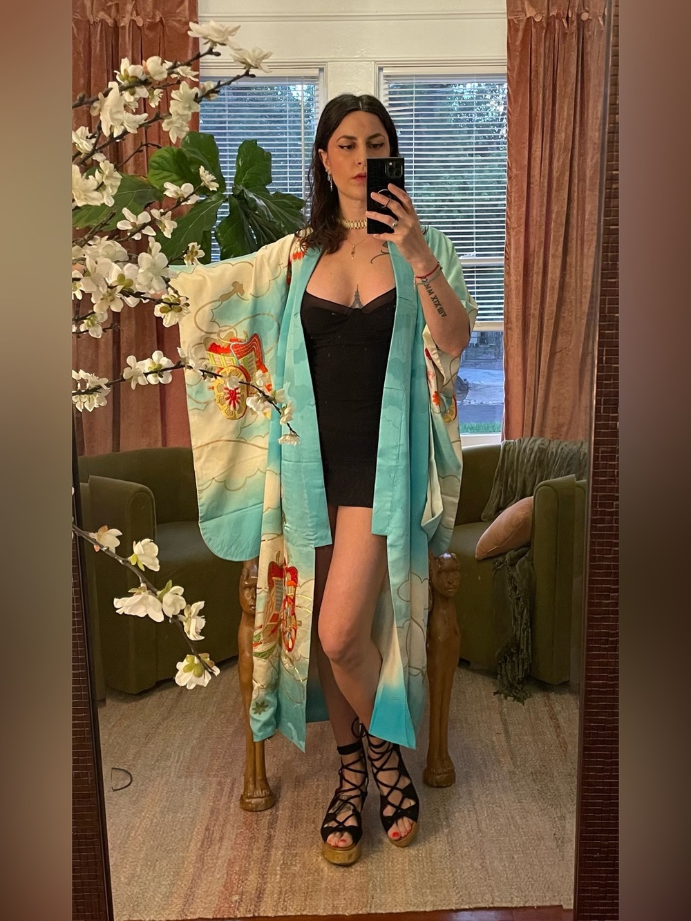 Real silk vintage Japanese kimono furisode aqua embroidered clouds rinzu flower